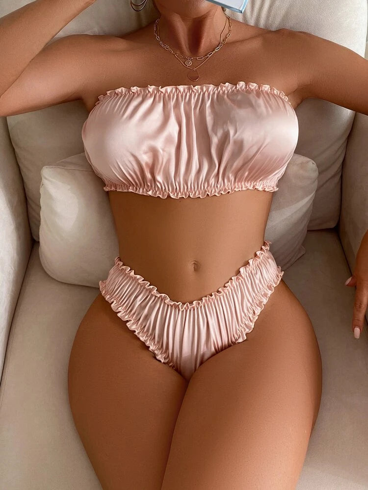Champagne Silk Ruffle Set – Strapless Bandeau & High Cut Brief