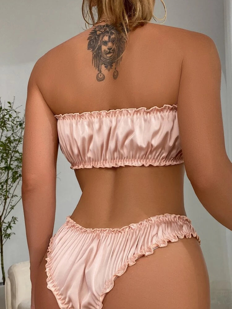 Champagne Silk Ruffle Set – Strapless Bandeau & High Cut Brief